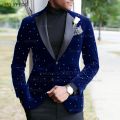Fashion Navy Blue Velvet Men Suit Set Evening Party Luxury Shiny Beads Blazer Formal Activities Slim Fit Tuxedos Pants 2 Pieces. 
