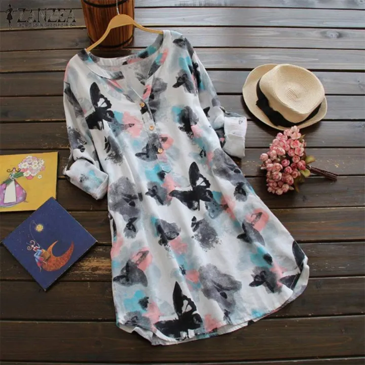 ZANZEA Women V Neck Pullover Tunic Top Blouse Printed Sundress Cotton Dress