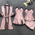 Women Pajamas Sets Satin Sleepwear Silk 4 Pieces Nightwear Pyjama Spaghetti Strap Lace Sleep Lounge Pijama With ChPads.