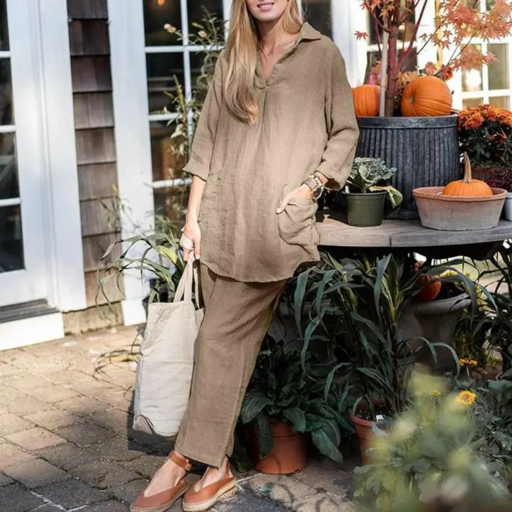 Women%20closet%20Shirt%20Pants%20Set%20Solid%20Color%20Lapel%20Long%20Sleeve%20Wide%20Leg%20Pants%20Casual%20-%20Image%205