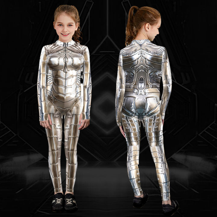 Zawaland Child Robot Costume Punk Front Zipper Zentai Suit Boy Girl 3D Cosplay Party Clothes Catsuit Jumpsuit Festival Outfit