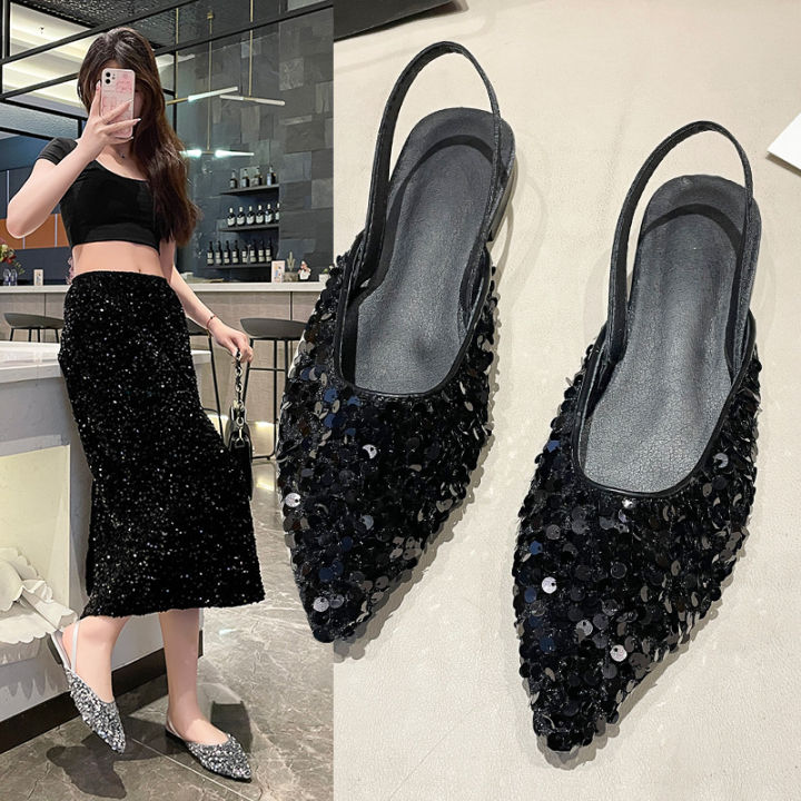 Glittering fairy style evening toe sandals 2024 summer new sequined pointed toe back hollow flat slippers women