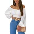 Women’s Off Shoulder Crop Tops, Long Sleeve Solid Color Tie Knot Back Ruched T-Shirts. 