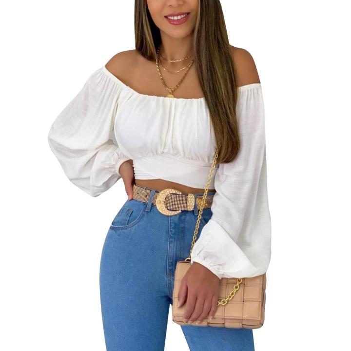 Women’s Off Shoulder Crop Tops, Long Sleeve Solid Color Tie Knot Back Ruched T-Shirts