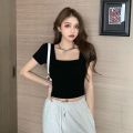 【New and Improved】 Fashion Square Collar Women T-shirt Black White Short Sleeves Women Top Solid Color Slim Fit Tee.