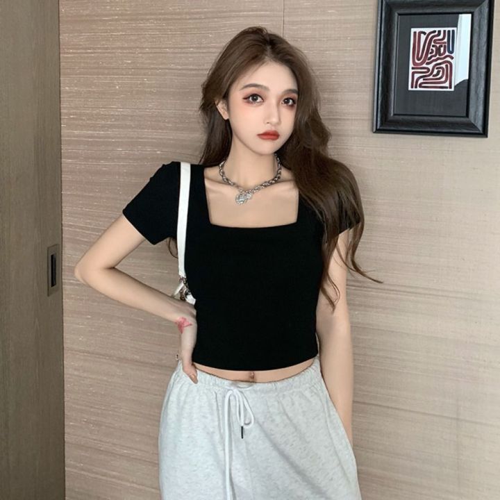 %E3%80%90New%20and%20Improved%E3%80%91%20Fashion%20Square%20Collar%20Women%20T-shirt%20Black%20White%20Short%20Sleeves%20Women%20Top%20Solid%20Color%20Slim%20Fit%20Tee%20-%20Image%203