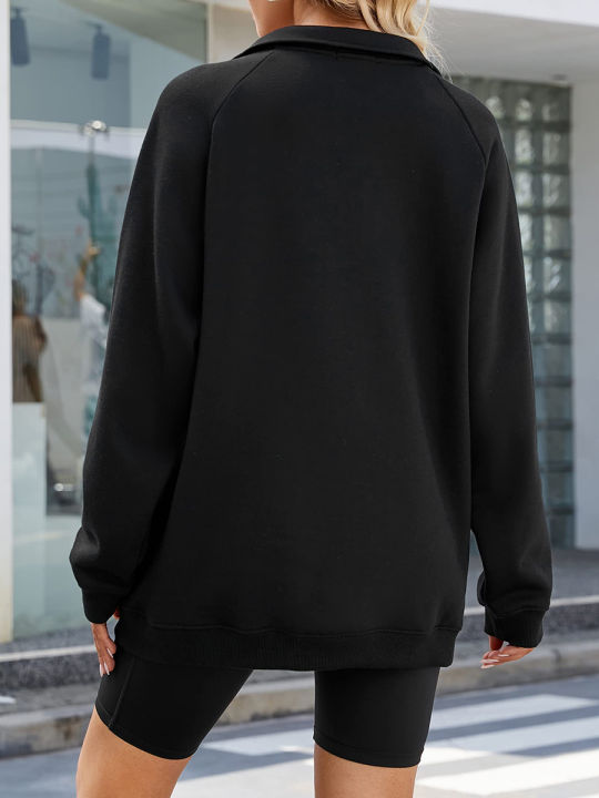 Women%20Pullover%20Sweatshirts%20Solid%20Color%20Casual%20Loose%20Long%20Sleeve%201/3%20Zip%20T-shirt%20Tops%20Autumn%20Streetwear%20-%20Image%203