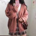 Lucyever Vintage Brown Knitted Cardigans for Women Korean Loose Long Sleeve Crochet Sweater Top Woman Casual Solid Lazy Sweaters. 