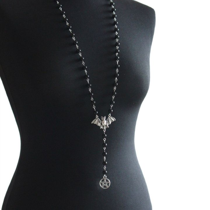 Gothic Bat Pendant Necklace for Women Men Beaded Chain Retro Pagan - Main Image