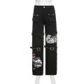 Gothic Cargo Pants Women Streetwear Punk Style Print Low Waist Jeans Black Denim Trousers Buckle Pockets Aesthetic Pantalones. 