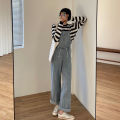 Retro Hong Kong Style Suspender Pants Women's Summer Korean Style Loose2022New Japanese Style Straight Jeans for Students【10Month25Day After】.