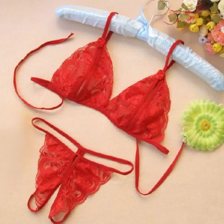 Exotic Red Transparent Bra and Panty Set for Honeymoon - Premium Lingerie Women's Lace Underwear Set Bra Mesh Lace Print Three Point Underwear Set Exotic Hot Bra Panty Bikini Set For Honeymoon Exclusive And Premium Transparent Nighty For Women