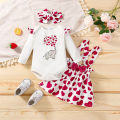 Ma&Baby Baby Girls Clothes Set, Love Heart Print Long Sleeve O-neck Romper+Suspender Skirt+Headband. 