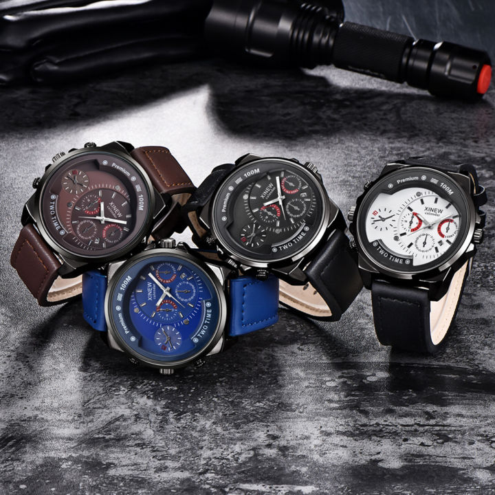 XINEW Sports Men Calendar Sub-dials Decor Leather Band Quartz Wrist Watch