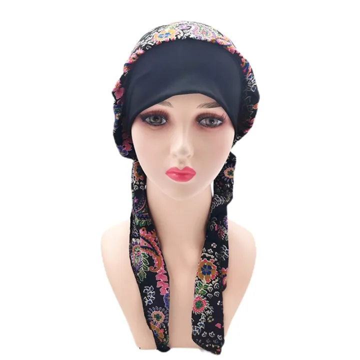 1PCS%20Women%20Muslim%20Flower%20Floral%20Print%20Hijab%20Hat%20Turban%20Cap%20Cover%20Hair%20Head%20Scarf%20Wrap%20Pre-Tied%20Headwear%20Black%20Strech%20Bandana%20-%20Image%204