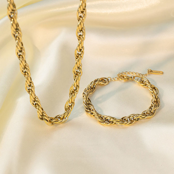 Plain Thick Gold 316L Titanium Steel Men Women Twists Cuban Link Chain Necklace Bracelet Sets
