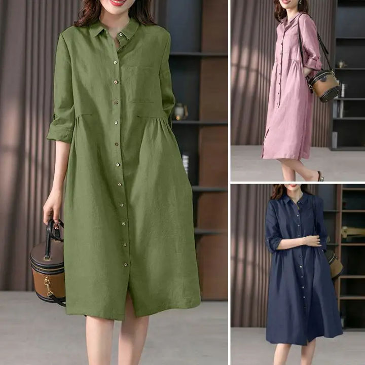 Women Causal Shirt Dress Women Long Sleeve Solid Dresses ZANZEA Fashion Lapel Neck Midi Vestidos Holiday Sundress Oversize