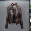 Women Faux Leather Jacket Stylish Women's Slim Fit Faux Leather Jacket with Stand Collar Long Sleeves Zipper Placket for Thin.