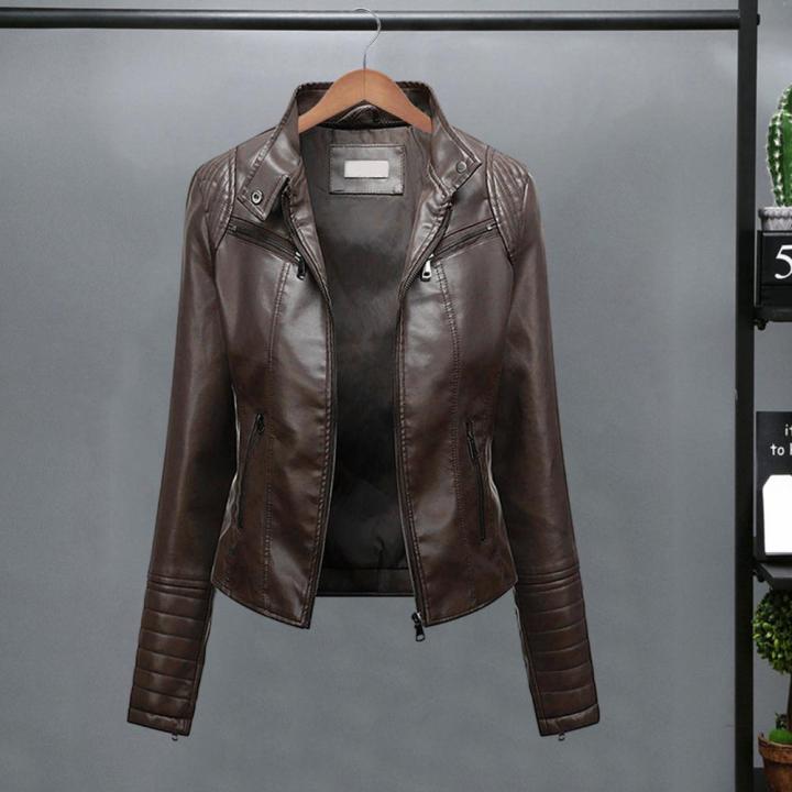 Women%20Faux%20Leather%20Jacket%20Stylish%20Women's%20Slim%20Fit%20Faux%20Leather%20Jacket%20with%20Stand%20Collar%20Long%20Sleeves%20Zipper%20Placket%20for%20Thin%20-%20Image%204
