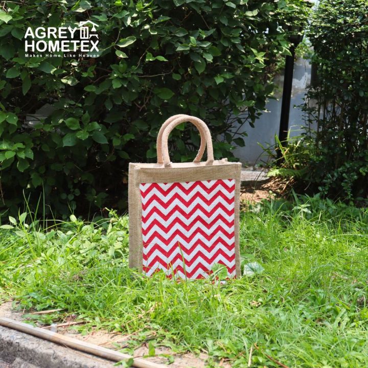 Jute Shopping Bag, Natural & Red, 10"x12"