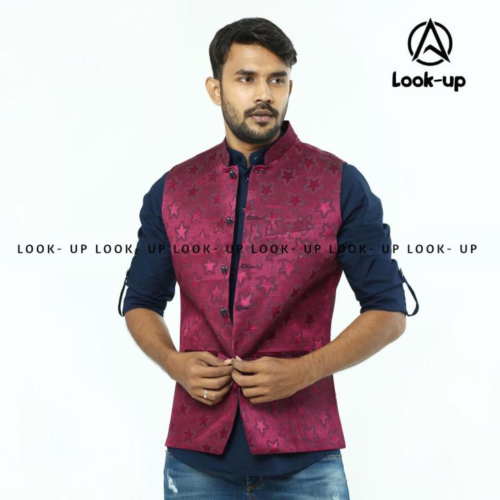 Weading Wear Printed Poly Silk Slim Fit Mens Festive Wear Waistcoat