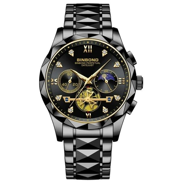 Men's Business Watch Full Function Three Eyes Six Hands Timing Quartz Rubber Band Casual Style Square Dial Coated Glass