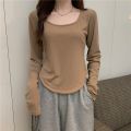 CHRLEISURE Women Irregular T-Shirts Long Sleeve Casual Spring Autumn Solid Crop Tops Square Neck Fashion Slim Tees Shirts New.