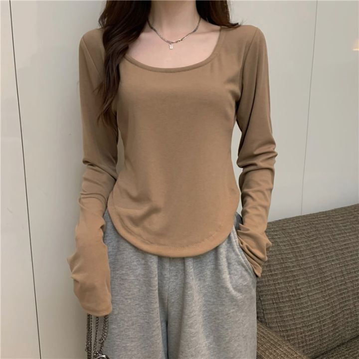 CHRLEISURE%20Women%20Irregular%20T-Shirts%20Long%20Sleeve%20Casual%20Spring%20Autumn%20Solid%20Crop%20Tops%20Square%20Neck%20Fashion%20Slim%20Tees%20Shirts%20New%20-%20Image%202
