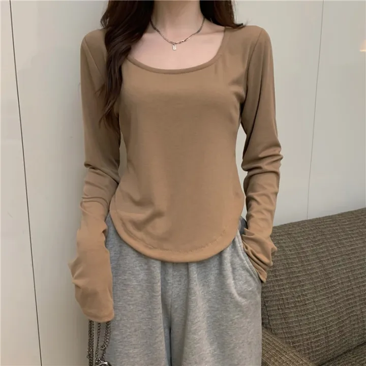 Women%20Long%20Sleeve%20Square%20Neck%20T-Shirt%20Spring%20And%20Autumn%20New%20Irregular%20Hem%20Slim%20Casual%20Top%20Girl%20Bottom%20Shirts%20-%20Image%205