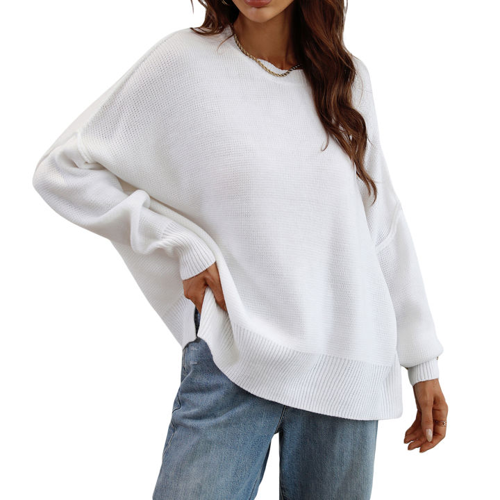 Funne%20eshopWomen%20Autumn%20Loose%20Knitwear,%20Solid%20Color%20Long%20Sleeve%20Round%20Neck%20Slit%20Hem%20Elegant%20Sweater%20-%20Image%202