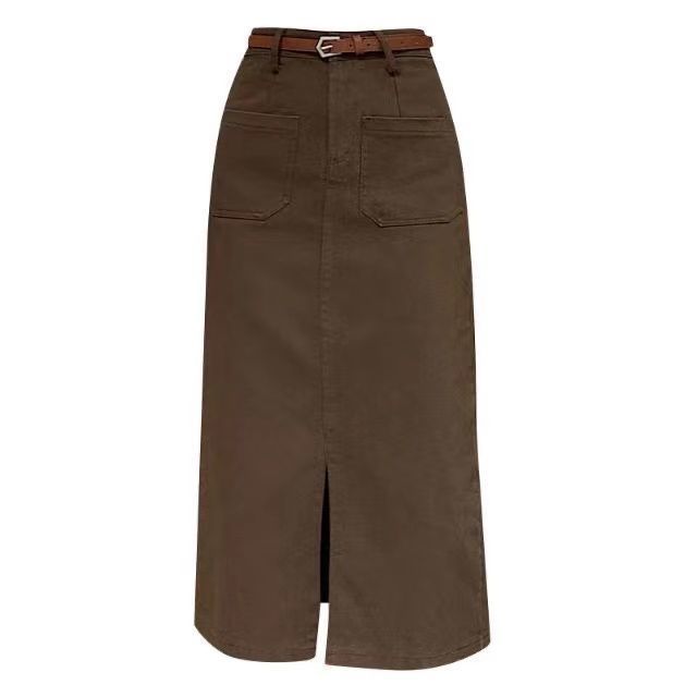Hong Kong Style Retro Workwear Skirt Women's Fall Mid-Length Straight Split One-Step Skirt Khaki High Waist Denim Skirt