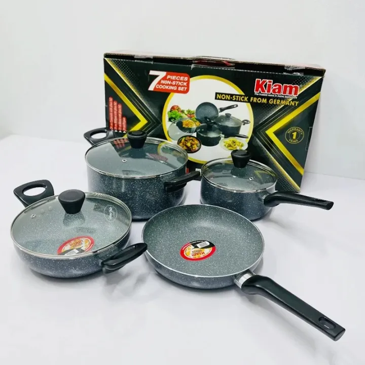 Kiam Non Stick 7 Pcs Cookware Set For Superior Release -1Pc Casserol, 1Pc Fry pan, 1Pc Karai and 1Pc Milk pan with 3 lids