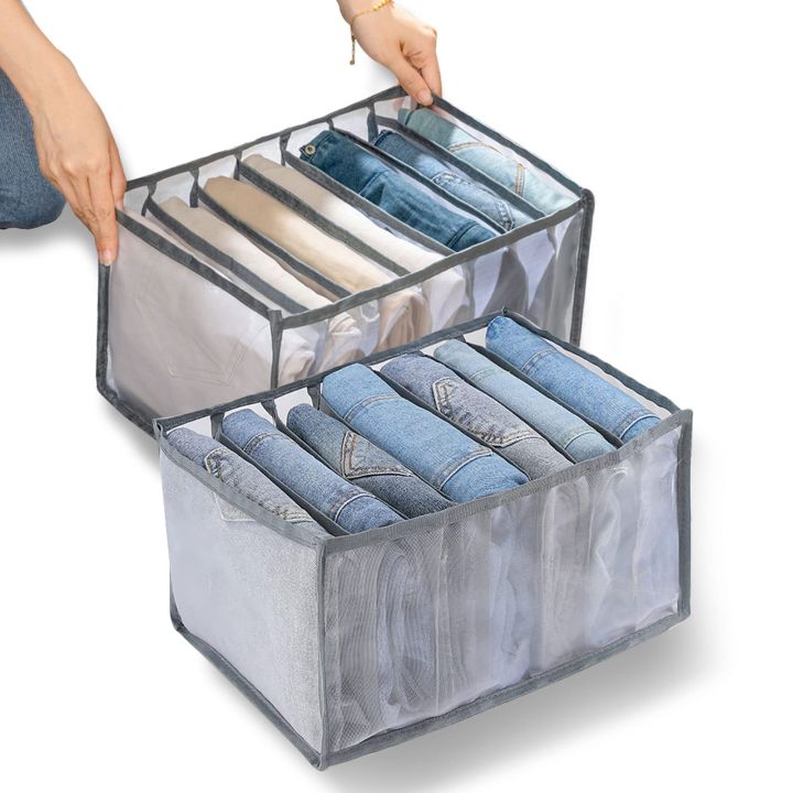 7 Grids Washable Wardrobe Clothes Organizer, Jeans Compartment Storage Box, Clothes Drawer Mesh Separation Box, Portable Foldable Closet (Medium, white&balck)