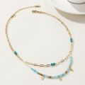 YACHAN Boho Blue Acrylic Bead Layered Necklace for Women Vintage Charms Stainless Steel Jewelry. 