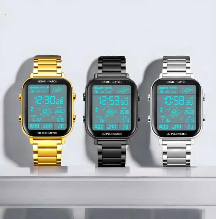 SKMEI 1888 design 3D pedometer golden man digital watch costume Stainless steel rectangle vintage business wristwatch For Men