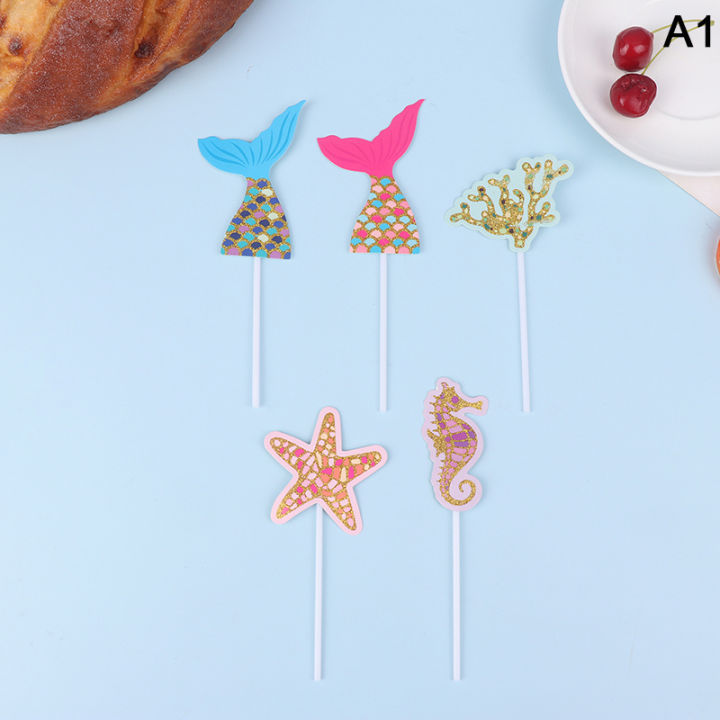 1Set Glitter Mermaid Tail SeahorseStarfish Cake Topper Girl Birthday Party Decoration Mermaid Party Cupcake Supplies