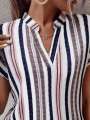 Europe and the United States women's summer multi-colored striped casual shirt V-neck short sleeve.