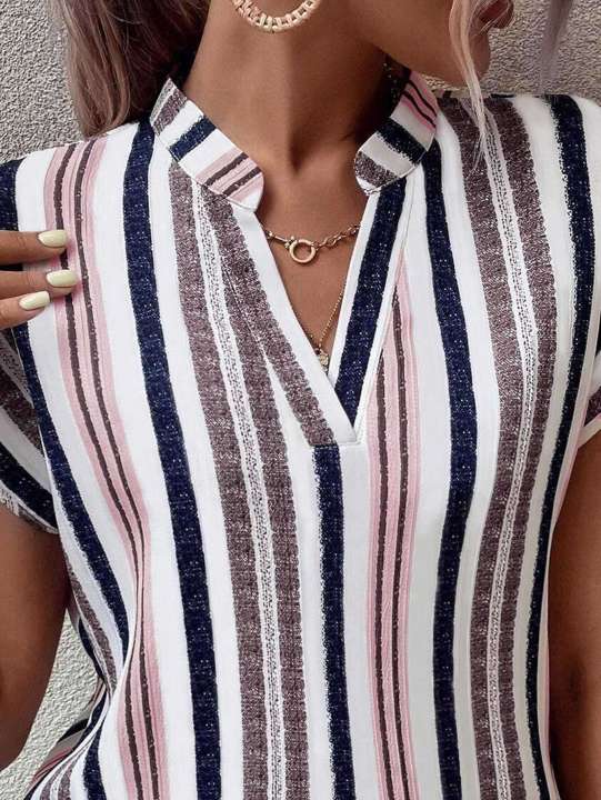 Europe%20and%20the%20United%20States%20women's%20summer%20multi-colored%20striped%20casual%20shirt%20V-neck%20short%20sleeve%20-%20Image%202