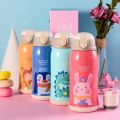 600ml Kids Child Vacuum Bottle Thermal Flask Cup Cute Cartoon Long Lasting Rabbit with Pouch Straw Stainless Steel. 