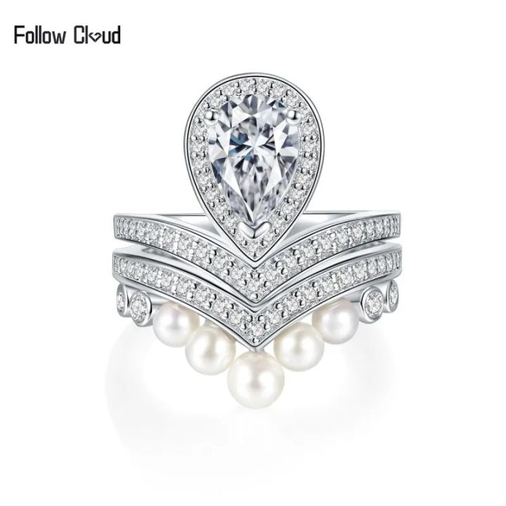 Follow Cloud 1.5ct Pearl Water Drops Pear-shaped Moissanite Diamond Rings for Women Wedding Band Jewelry S925 Sterling Silver