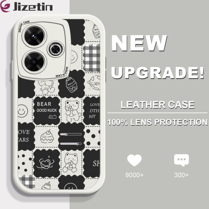Jizetin for Redmi 13 Xiaomi Poco M6 4G Back Cover Bear Daily Activity Lambskin Texture PU Leather Back For Girls Boys Soft Phone Case