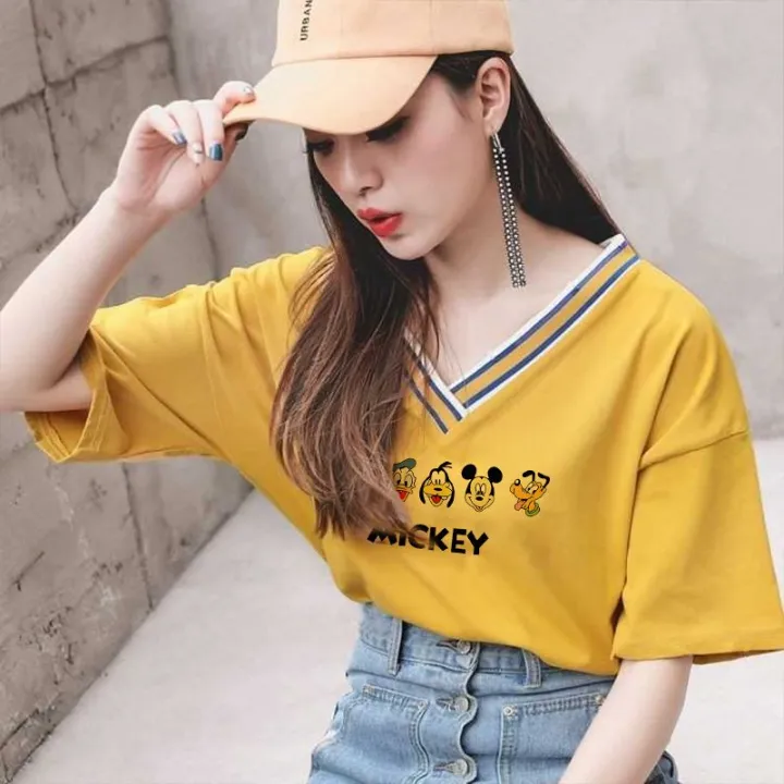 White%20V%20Collar%20Top%20Yellow%20Korean%20Style%20All-Match%20Loose%20Western%20Style%20Slimming%20Inner%20Vest%20Short%20Sleeve%20T%20Women's%20New%20T-shirt%20-%20Image%205