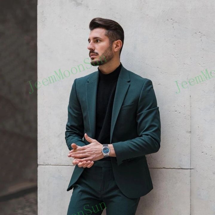 Dark Green Men Suits 2023 Notched Lapel One Button Slim Fit Prom Wedding Business Groom Tuxedos 2 Pieces Blazer Terno Masculino