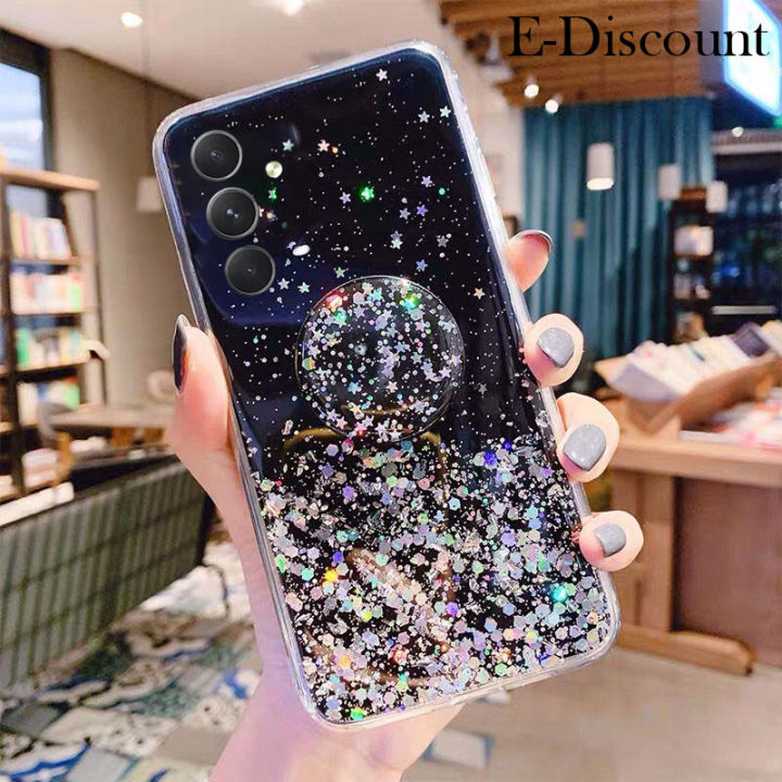 New Phone Case For Samsung Galaxy M34 Cover Glitter Bling Soft Stars Moon Sequins Folding Bracket Transparent For Galaxy M34 Case