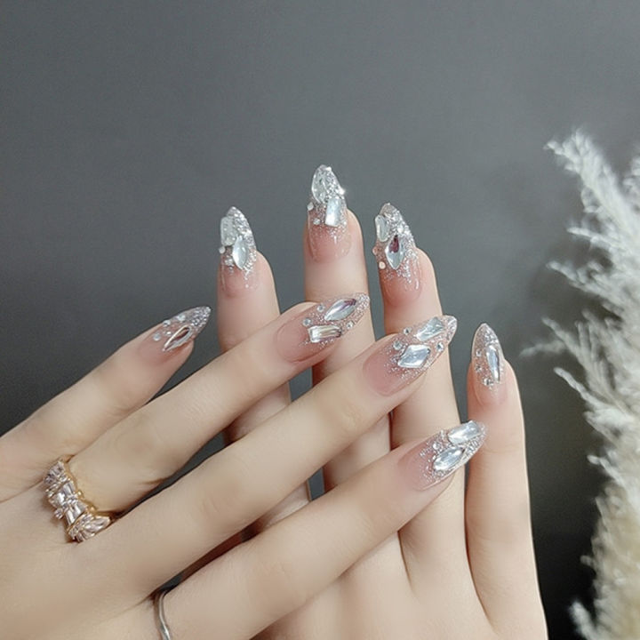 24PCS Mid Length Press on Nails 3D Shiny Rhinestones Design Nails Full Coverage Wearable Artificial Nails Tips Manicure