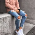 Men's denim pants ripped hole slim Jeans men Fashion Hip hop Skinny pencil Jeans For Men stretch elastic ankle zipper jeans men. 