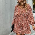 Autumn Floral Elegant Women Dress Long Sleeve Casual Beach Boho Loose Lace Up Sexy Dresses Woman Orange XL. 