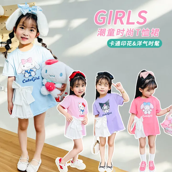 Sanrio%20Hello%20Kitty%20Children's%20Princess%20Dress%20Girls%20Cinnamoroll%20Kuromi%20Dress%20Short%20Sleeve%20Skirt%20Anime%20Cute%20Summer%20Kids%20Clothing%20-%20Image%202