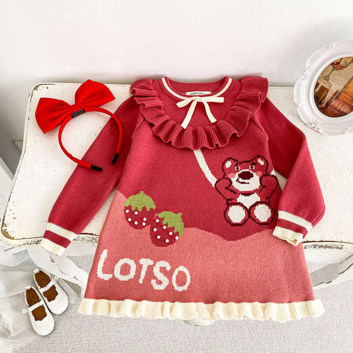 2024%20Autumn/Winter%20New%20Girls'%20Knitted%20Cute%20Pink%20Strawberry%20Bear%20Baby%20Girl%20Warm%20Pure%20Cotton%20Pullover%20Dress%20-%20Image%203