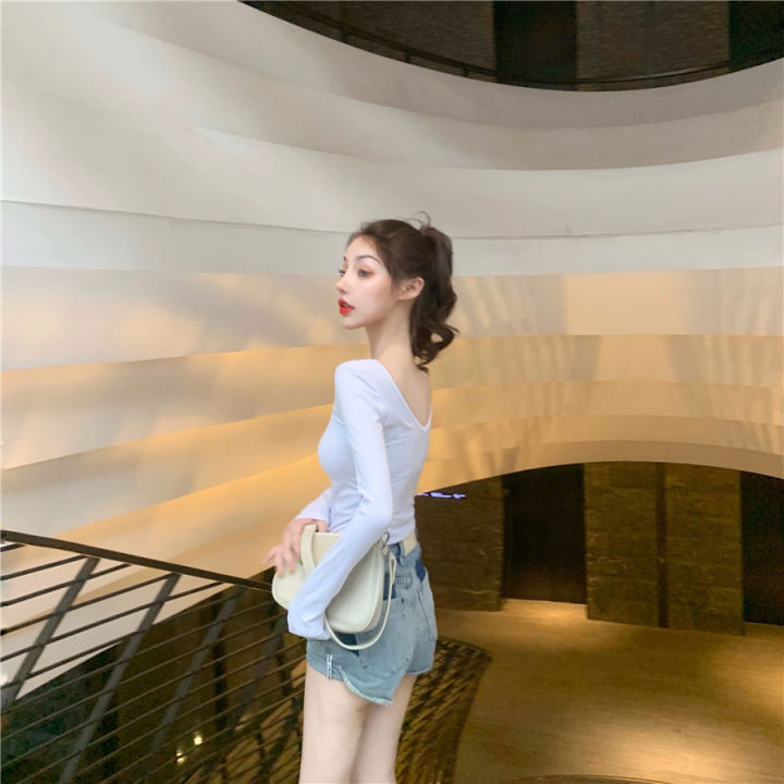 Autumn%202024%20New%20Sexy%20Backless%20Long%20Sleeves%20T%20T-shirt%20Women's%20Versatile%20Design%20U%20Collar%20Solid%20Color%20Top%20Hot%20Girl%20Bottoming%20Shirt%20-%20Image%202